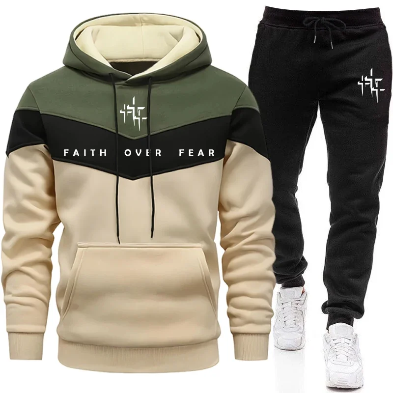 Men'S Fashion Outfits - Faith Over Fear メンズ トラックスーツ フード付きスウェットシャツとジョガーパンツ