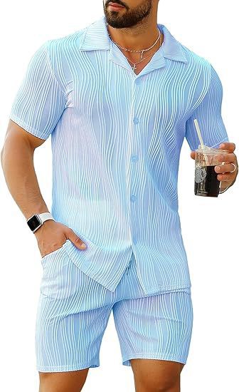 Men'S Fashion Outfits - メンズ 2 ピース アウトフィット 半袖ボタンダウン シャツとショーツ