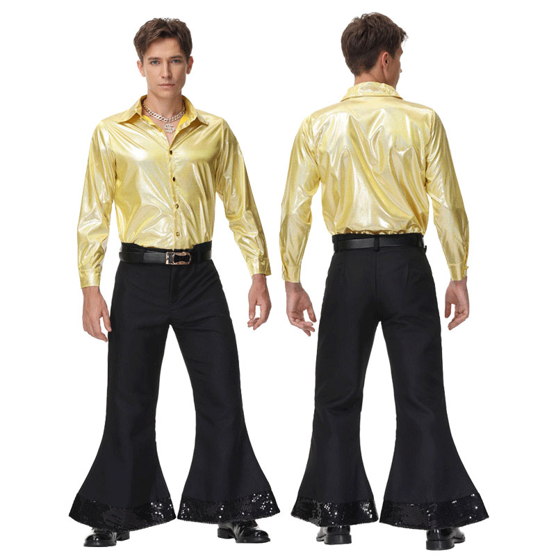 Men'S Fashion 70S - ハロウィンファッショナブルな70年代ディスコヒッピーノスタルジックな服80年代ベルボトムパフォーマンス服ヴィンテージバーシンガーメンズスーツ