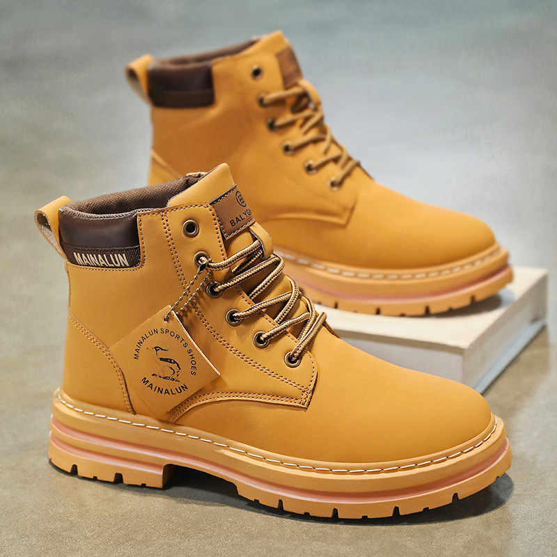 Yellow Men'S Fashion - クラシックメンズハイカットブーツ高品質イエローレザーブーツファッションアウトドアスニーカーメンズレースアップ滑り止めアンクルブーツメンズ