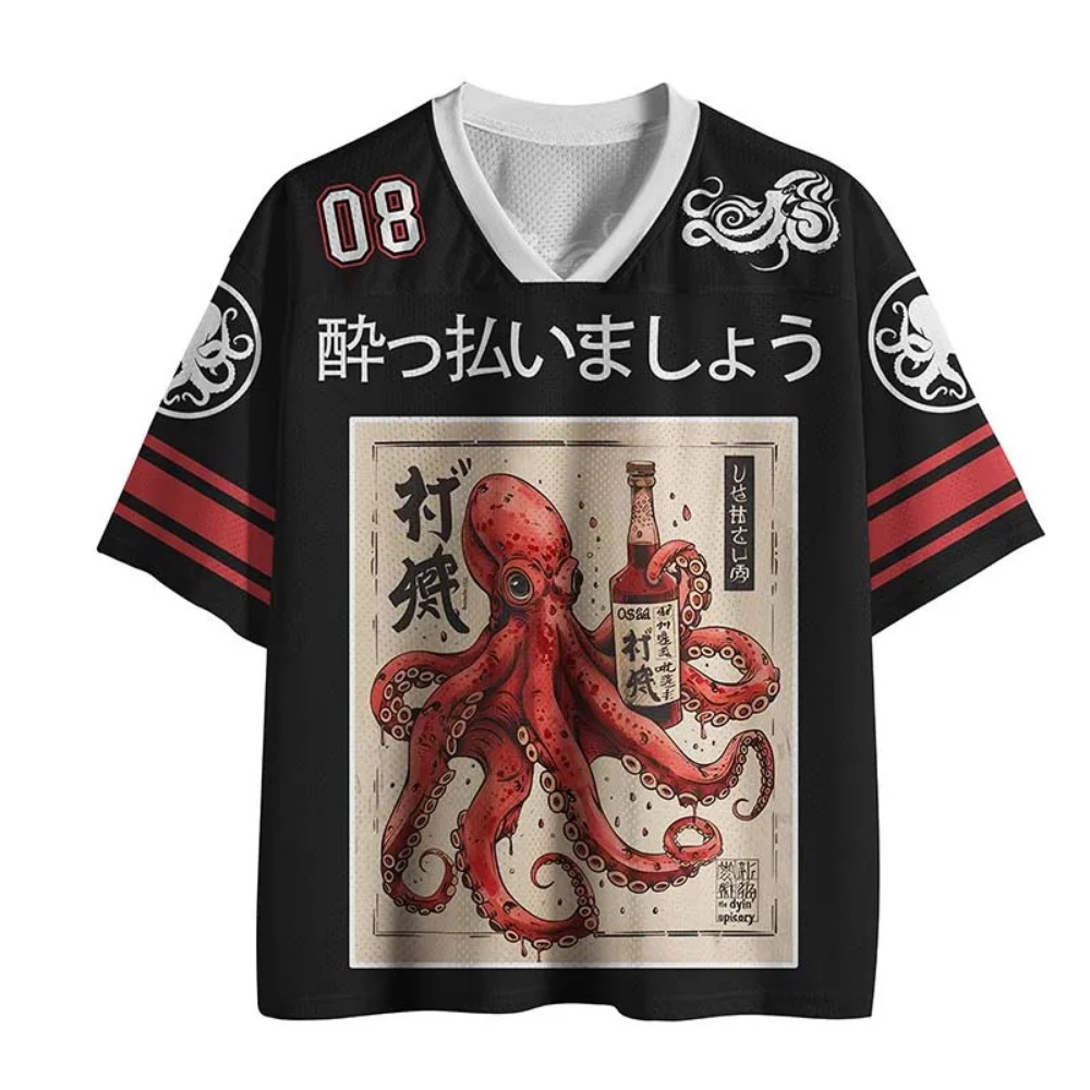Men'S Fashion V Neck T Shirts - タコ酒バー 浪人画 レトロ 3Dプリント メンズ レディース