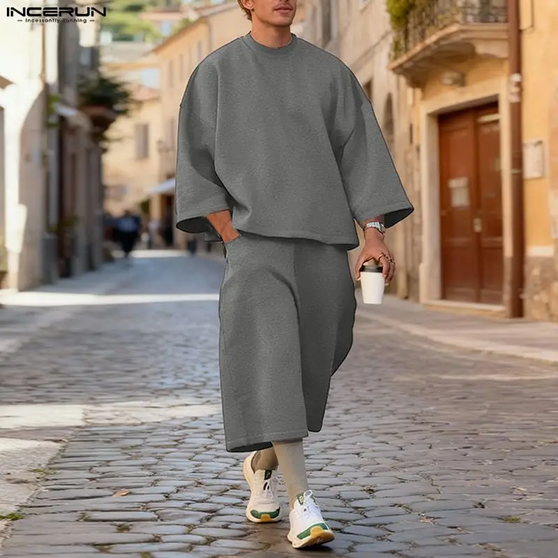 Men'S Fashion Outfits - INCERUN メンズセット ソリッドカラー バギー 3/4 スリーブ