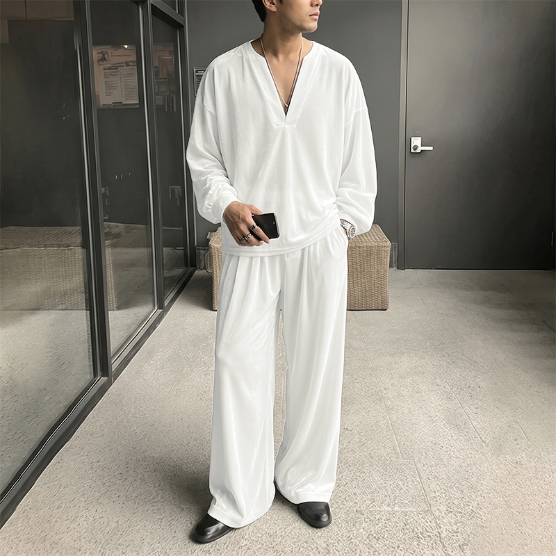 Men'S Fashion V Neck T Shirts - INCERUN メンズセットアップ 無地 Vネック 長袖Tシャツ パンツ