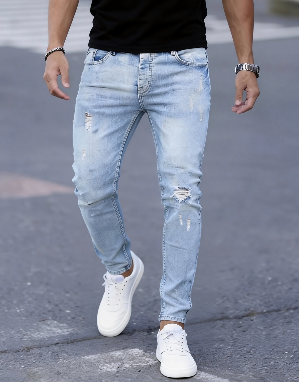 Men'S Fashion Young Professional - メンズスリムフィットストレッチダメージジーンズ - 透けにくい、洗濯機で洗える、オールシーズン対応、カジュアルフォーマルパンツ、モダンなカット、ファッショナブルなシルエット、耐久性と耐摩耗性、若手プロフェッショナルの必需品
