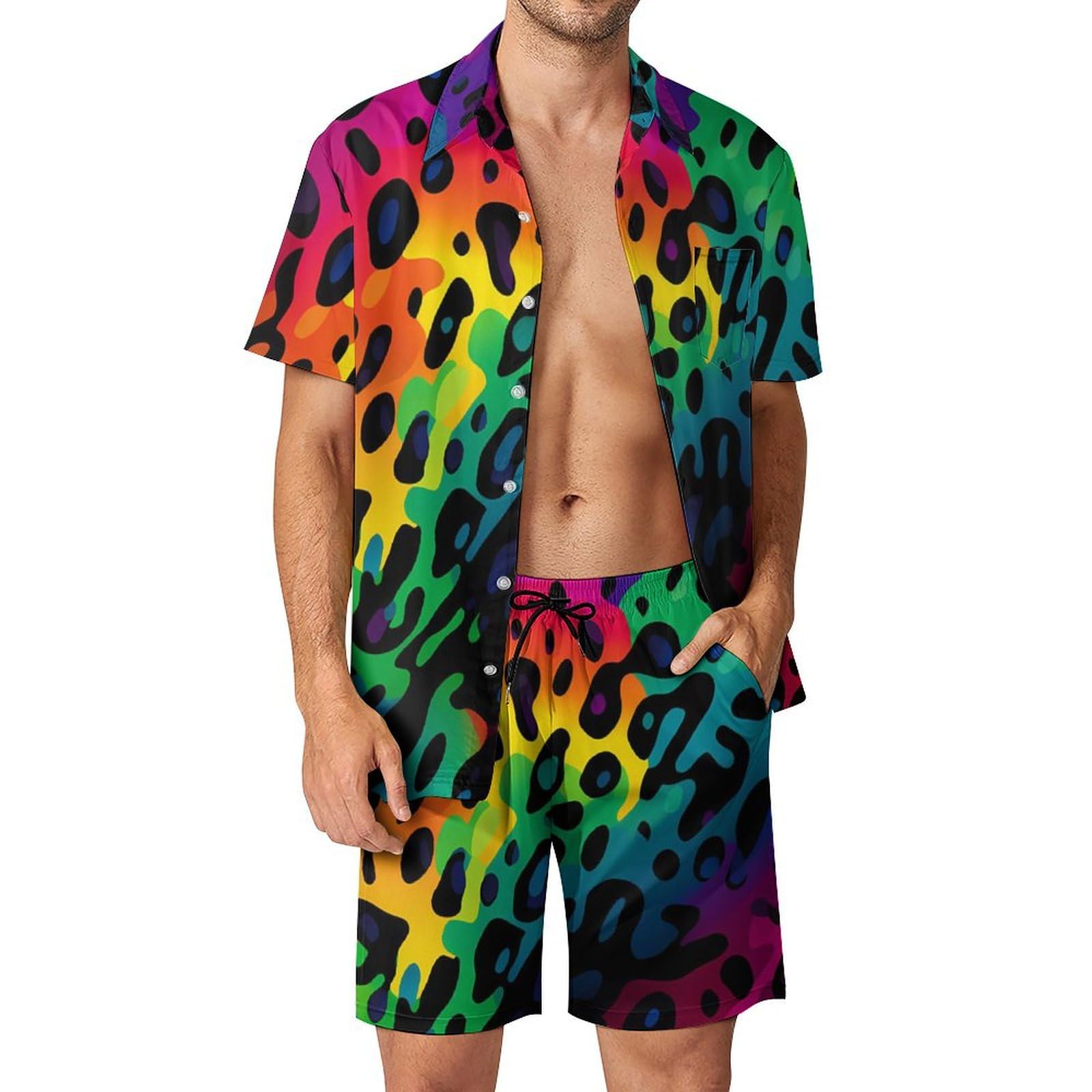 Men'S Fashion Outfits - 夏用不規則幾何学模様3Dプリントメンズシャツセットファッション半袖シャツビーチショーツストリートウェアハワイアンスーツ服