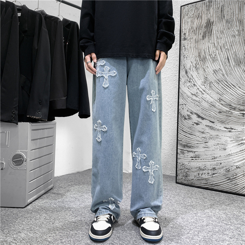 Men'S Fashion For 70 Year Old - メンズクロスプリントジーンズ 秋冬 ハラジュク ルーズ ワイドレッグ デニムパンツ