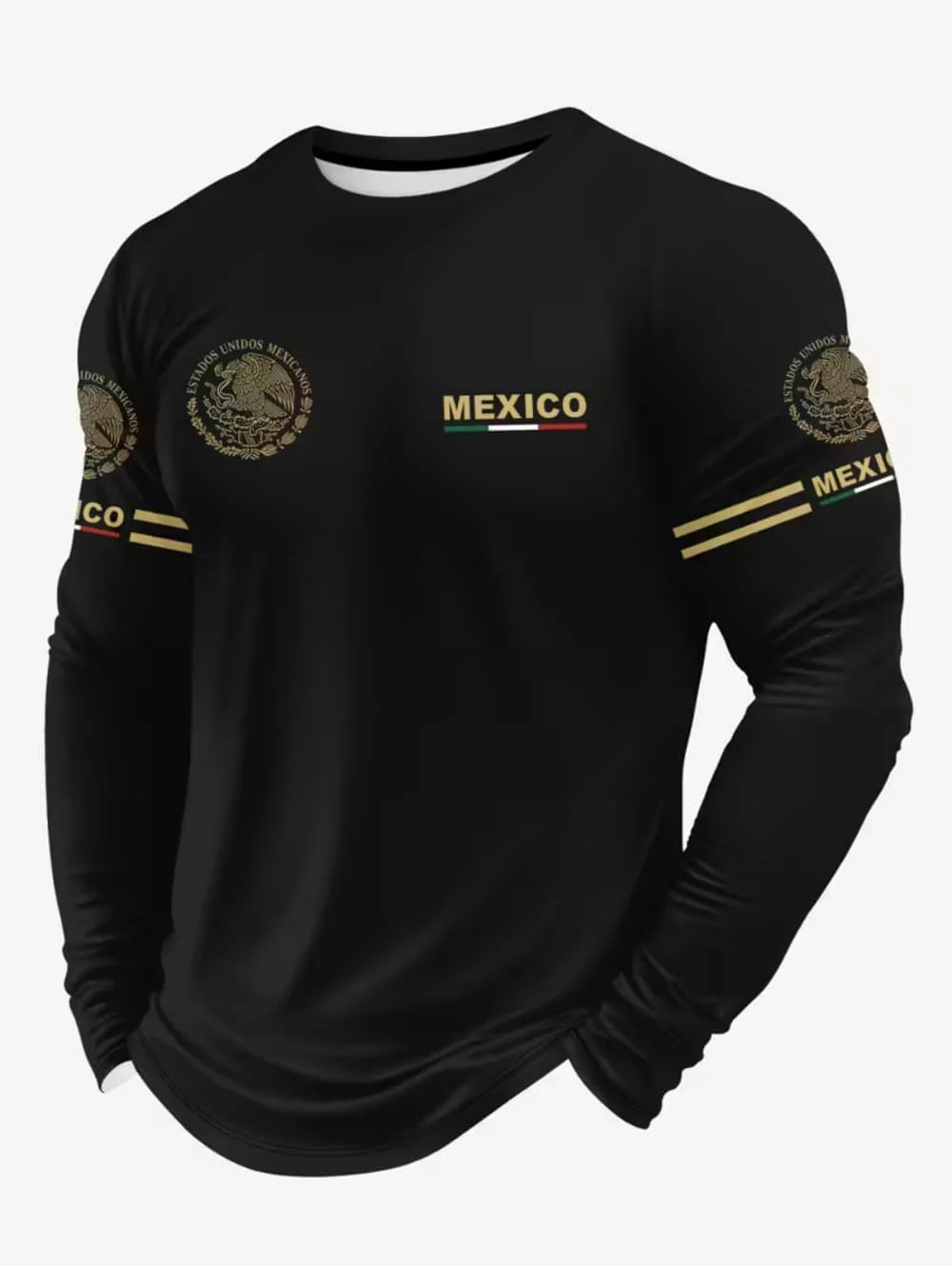 Men'S Fashion Outfits - メンズメキシコイーグルプリントTシャツ、ファッショナブルで快適な長袖Tシャツ、カジュアルなOネックプルオーバー、秋向けのゆったりとしたメンズトップス