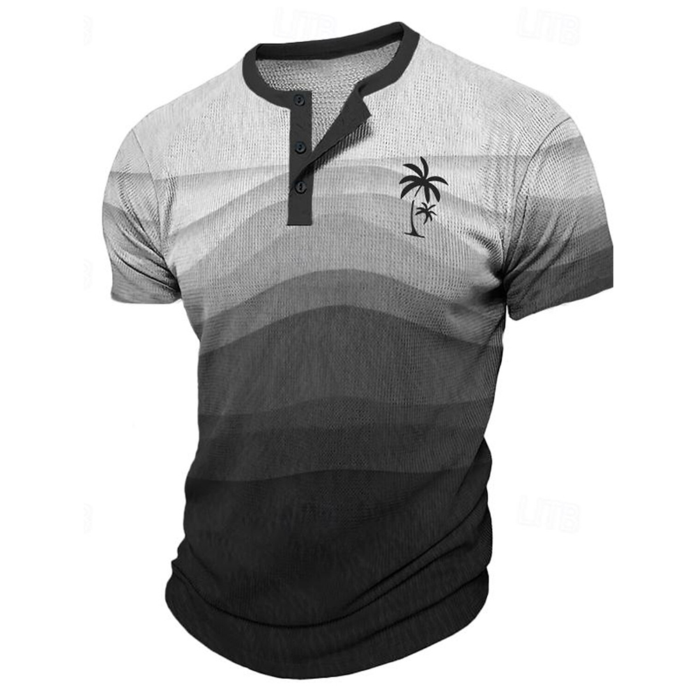 Mens Fashion Clothes - メンズ Tシャツ面白い 3D ココナッツツリープリントヘンリーシャツファッションボタン半袖 Tシャツカジュアルルーズトップ夏のグラデーション服
