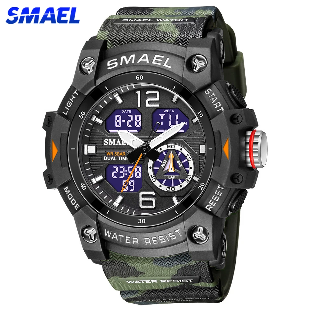 Men'S Fashion Zone - Smael-男性用迷彩スポーツウォッチ、デュアルクォーツ腕時計、デジタルLED、ファッションストップウォッチ、軍用目覚まし時計、男性用時計バンド