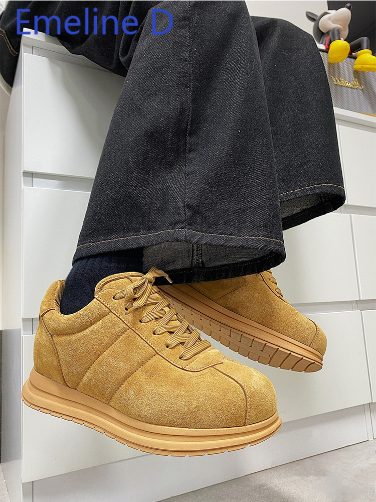 Yellow Men'S Fashion - 黄色の厚底レースアップブレッドシューズ、ファッショナブルなラウンドトゥ、身長アップ、ニッチ、軽量、多用途スポーツレジャーシューズ