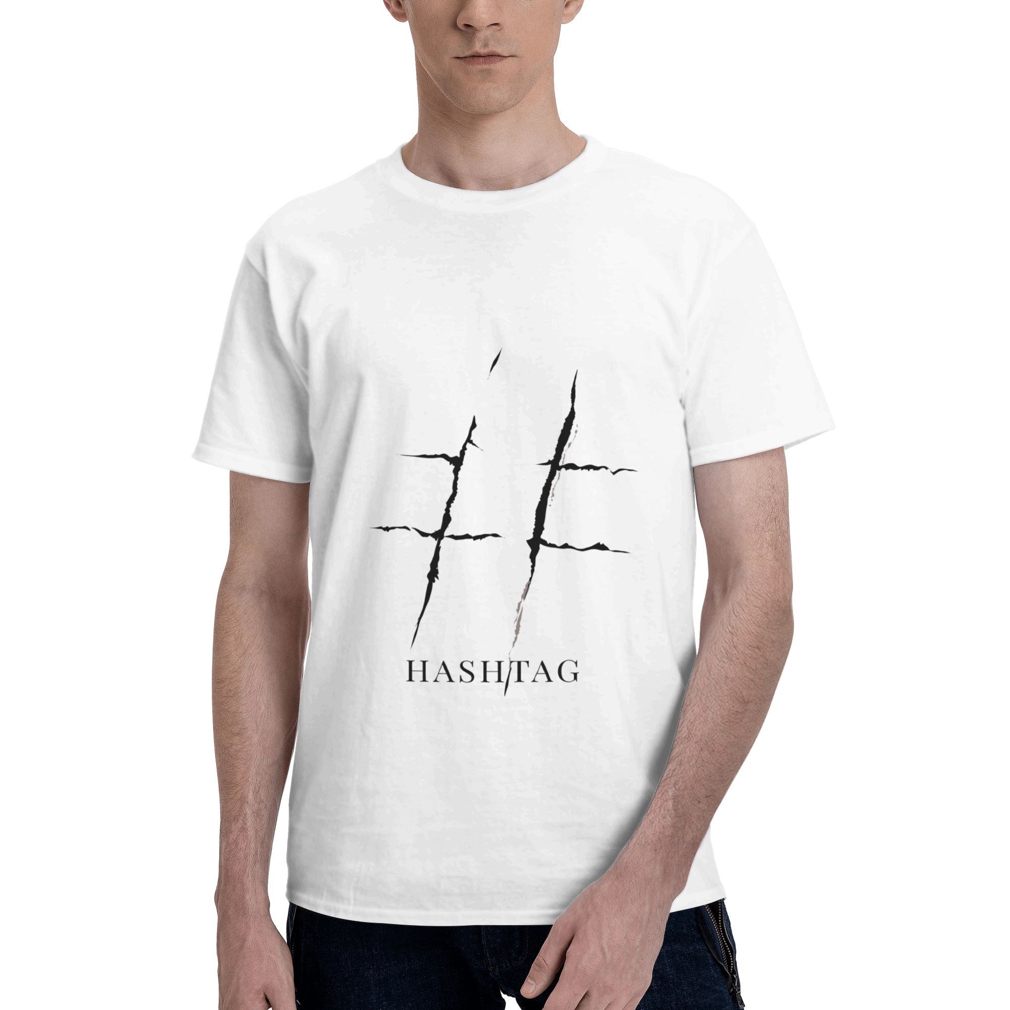 Mens Fashion Hashtags - ハッシュタグとクロスラインのデザインがプリントされたメンズTシャツ。半袖。fugeesブランド。100％コットン製。