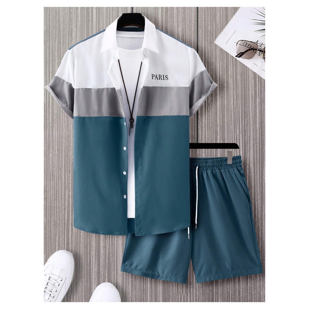 Men'S Fashion Outfits - メンズファッションスーツ 青と白のパッチワークカラー シングルブレスト半袖ラペルシャツとショートパンツ Y2K メンズツーピーススーツ