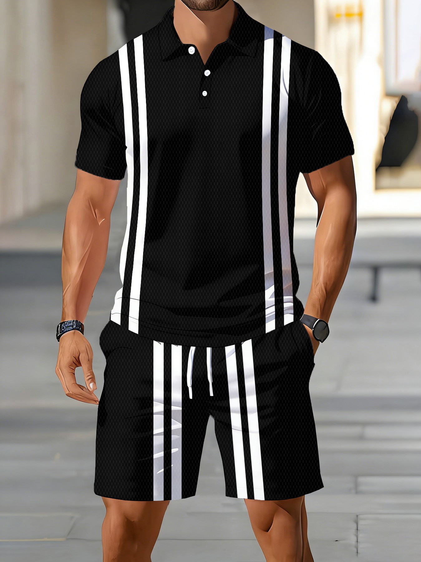 Men'S Fashion Polo - 2026年夏新作デザイン アメリカンメンズ半袖ポロシャツセット - ストリートファッション ソフトで快適な3Dストライプ柄プリント