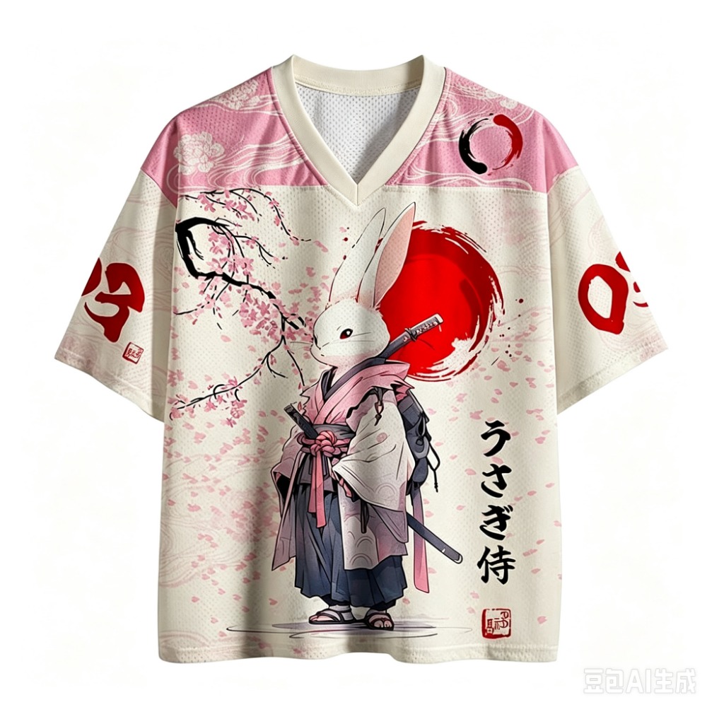 Men'S Fashion V Neck T Shirts - 日本のウサギ柄、戦士風デザイン、速乾性、通気性に優れた3DプリントのメンズVネックTシャツ。ストリートファッション、ヒップホップスタイル、親子でお揃いのコーディネートに。