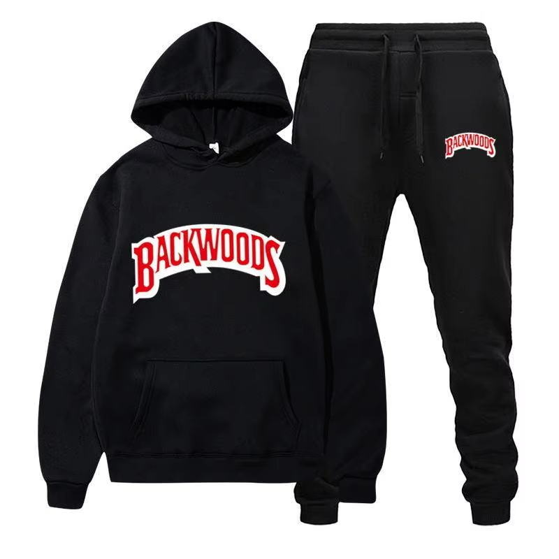 Men'S Fashion Outfits - 2026年冬用フーディセット メンズファッション フリース レッドフーディ ブラックブランドパンツ カジュアルジョガースーツ