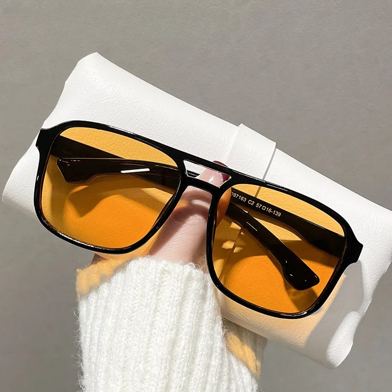 スクエアダブルブリッジサングラス女性レトロシェード UV40 - Yellow Men'S Fashion のレビューと価格