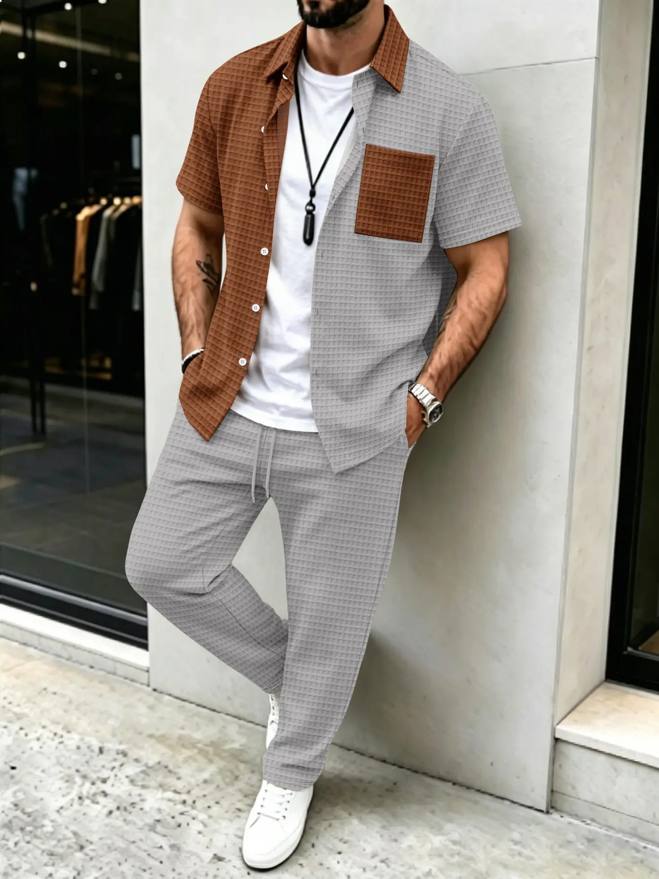 メンズ無地ワッフル柄カジュアル、カラーブロックデザインシャツ - Mens Fashion Clothes のレビューと価格