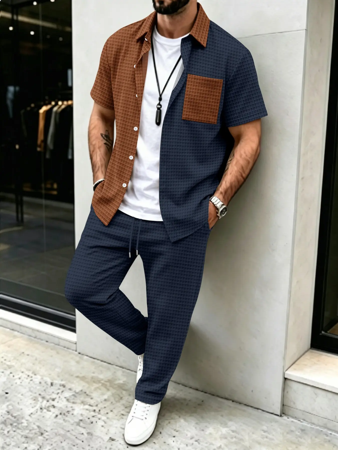 メンズ無地ワッフル柄カジュアル、カラーブロックデザインシャツ - Mens Fashion Clothes のレビューと価格