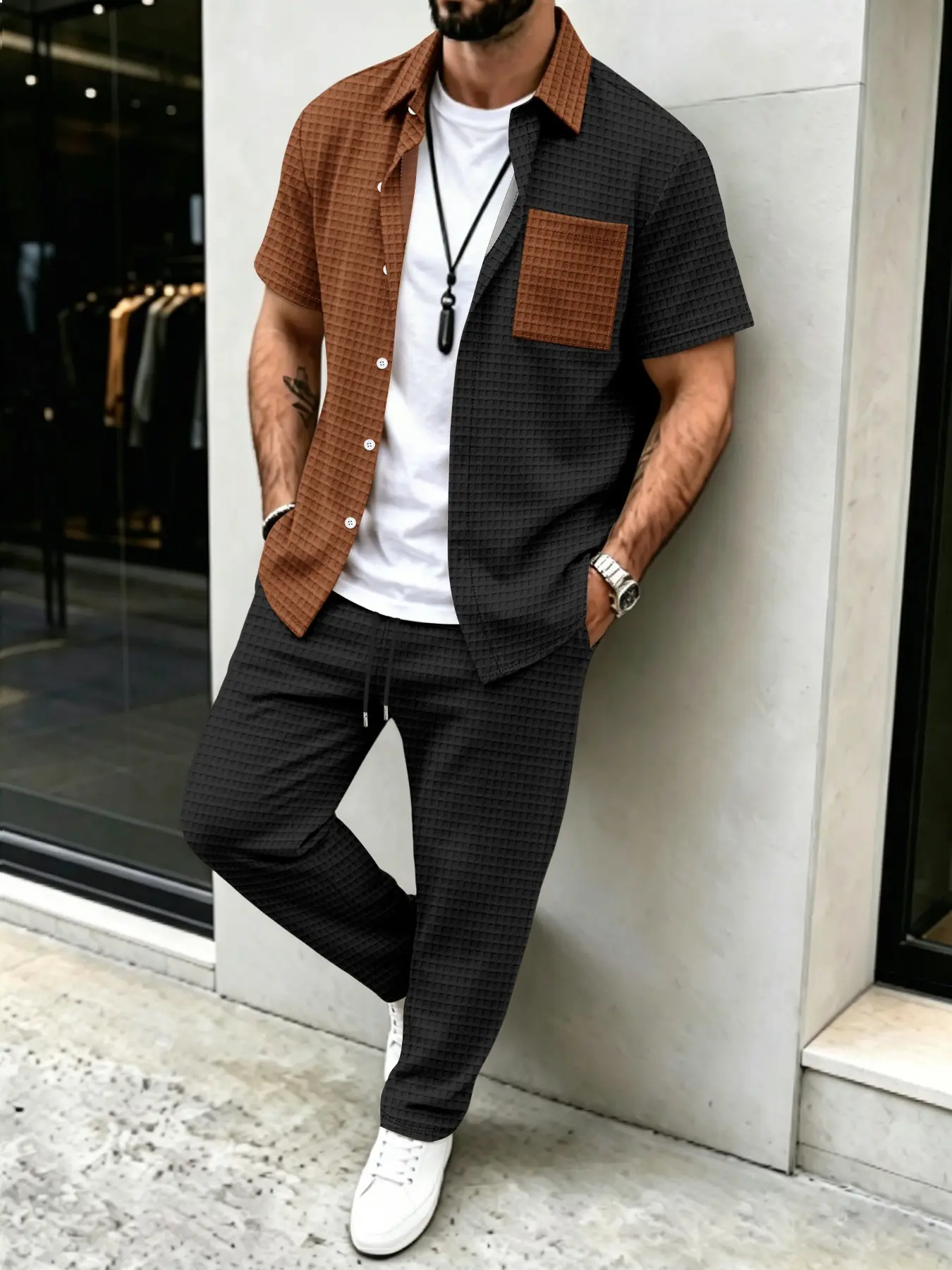 メンズ無地ワッフル柄カジュアル、カラーブロックデザインシャツ - Mens Fashion Clothes のレビューと価格