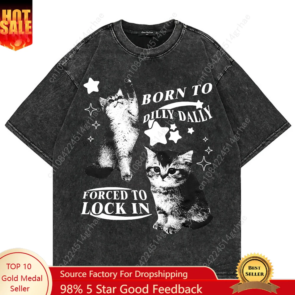 100% コットンヴィンテージウォッシュ Y2k 面白い猫ミ - Men'S Fashion V Neck T Shirts のレビューと価格