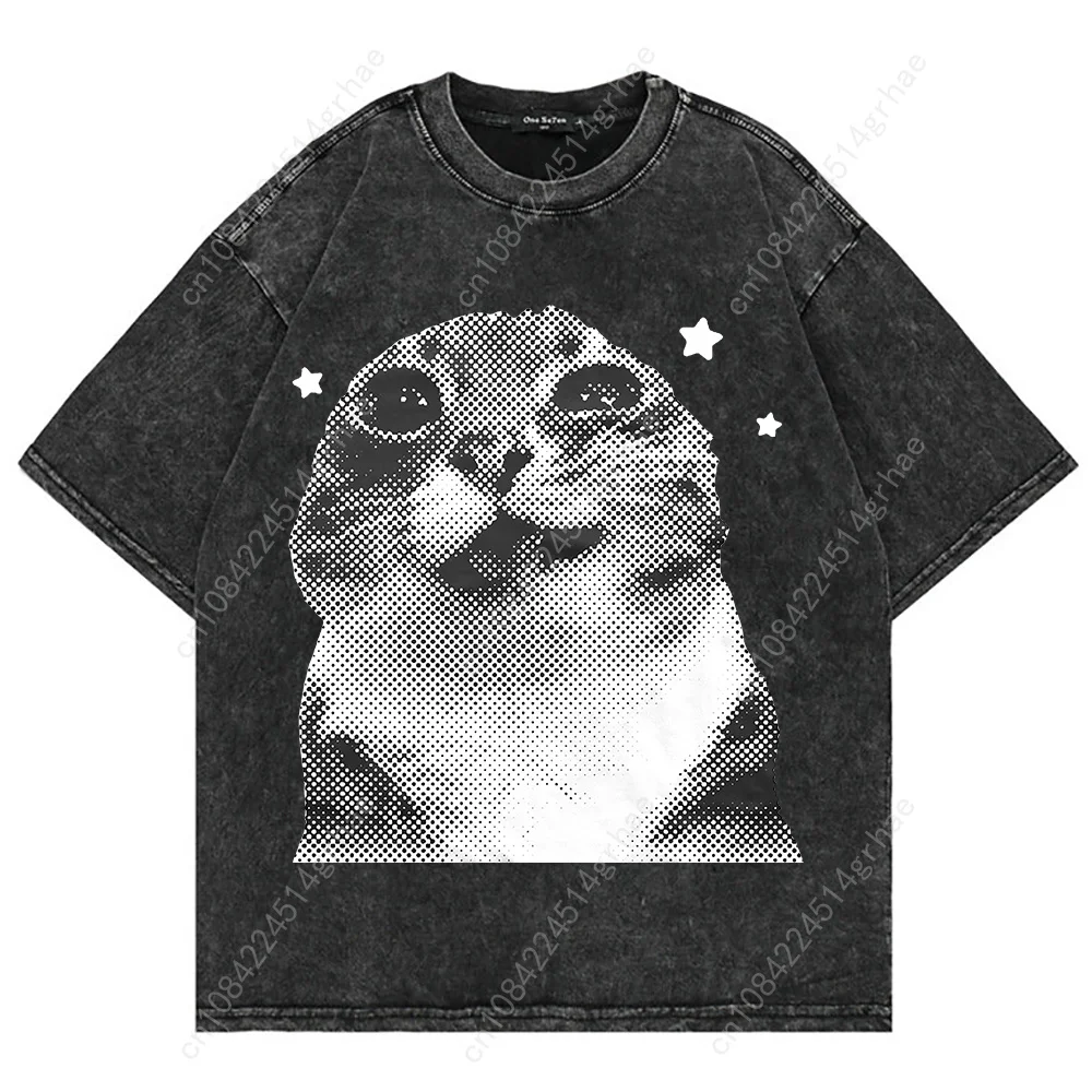 100% コットンヴィンテージウォッシュ Y2k 面白い猫ミ - Men'S Fashion V Neck T Shirts のレビューと価格