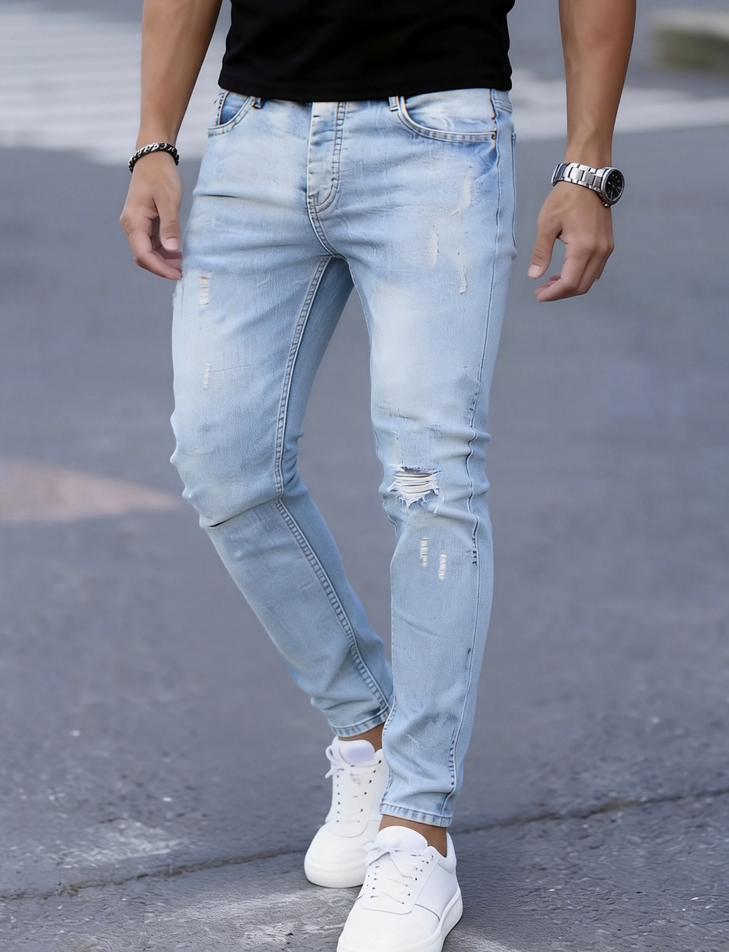 メンズスリムフィットストレッチダメージジーンズ - 透けにく - Men'S Fashion Young Professional のレビューと価格