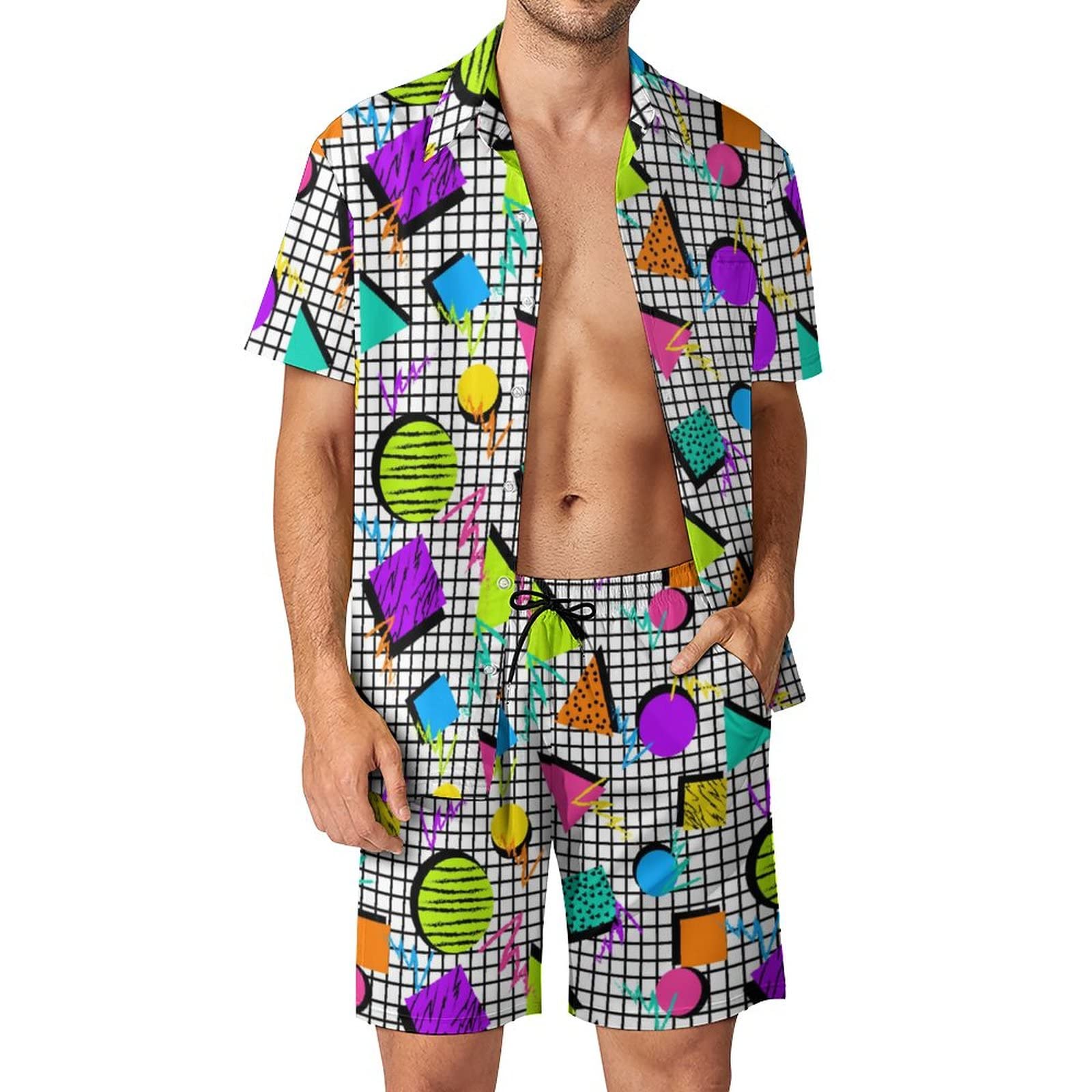 夏用不規則幾何学模様3Dプリントメンズシャツセットファッショ - Men'S Fashion Outfits のレビューと価格