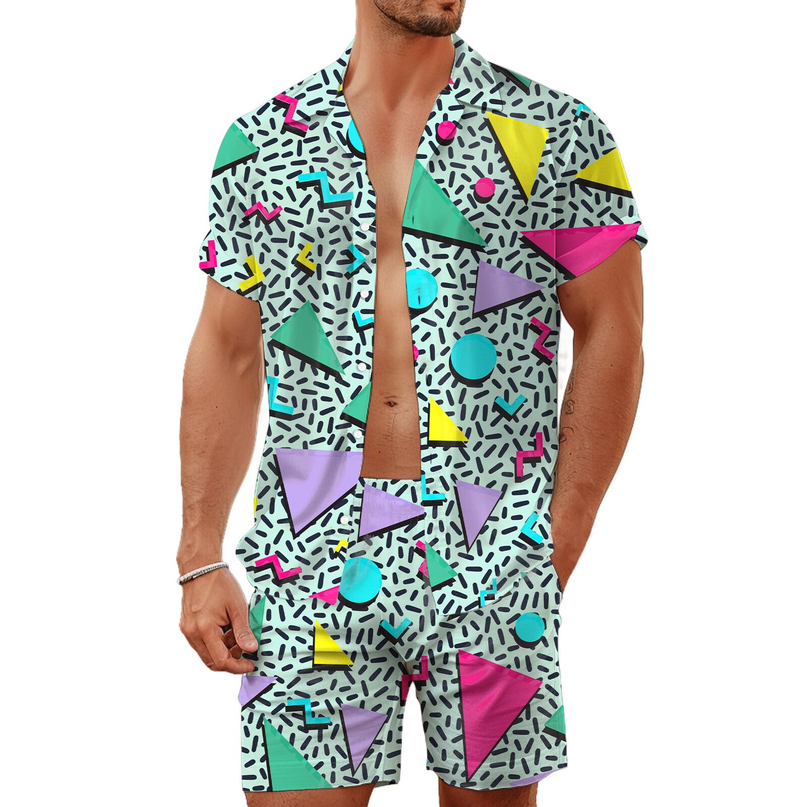 夏用不規則幾何学模様3Dプリントメンズシャツセットファッショ - Men'S Fashion Outfits のレビューと価格