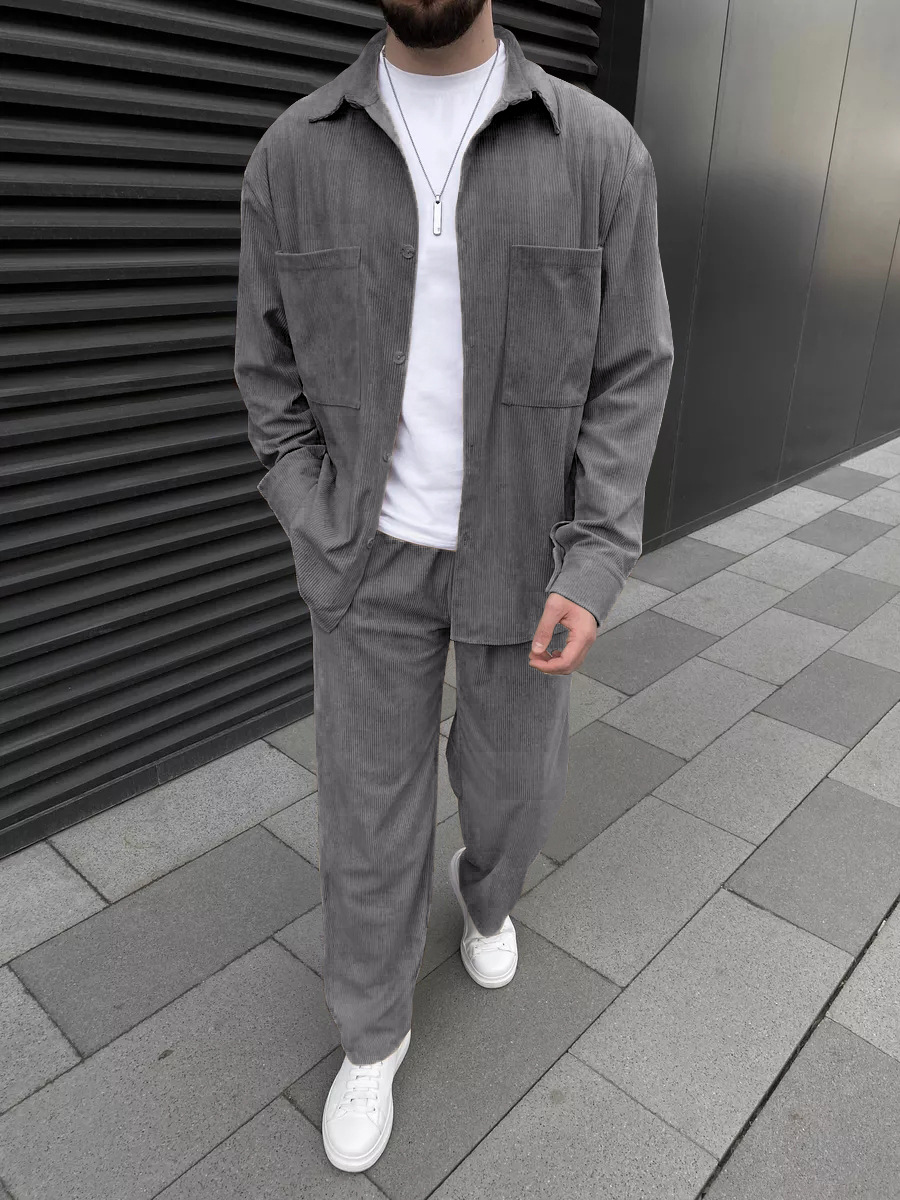メンズコーデュロイツーピースセット：長袖ボタンダウンシャツと - Men'S Fashion Outfits のレビューと価格