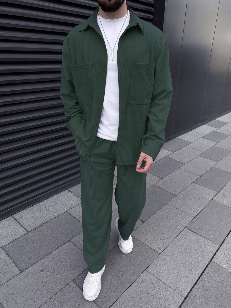 メンズコーデュロイツーピースセット：長袖ボタンダウンシャツと - Men'S Fashion Outfits のレビューと価格