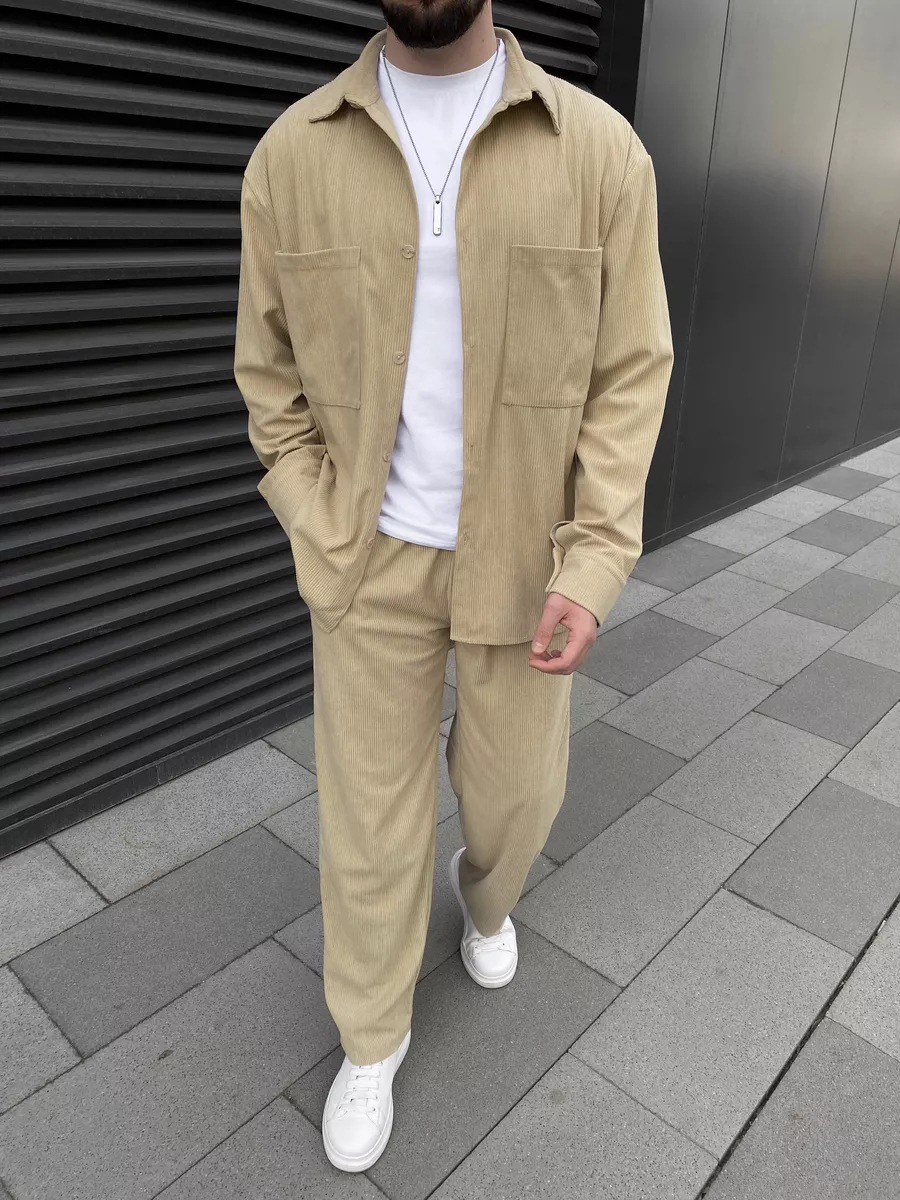 メンズコーデュロイツーピースセット：長袖ボタンダウンシャツと - Men'S Fashion Outfits のレビューと価格