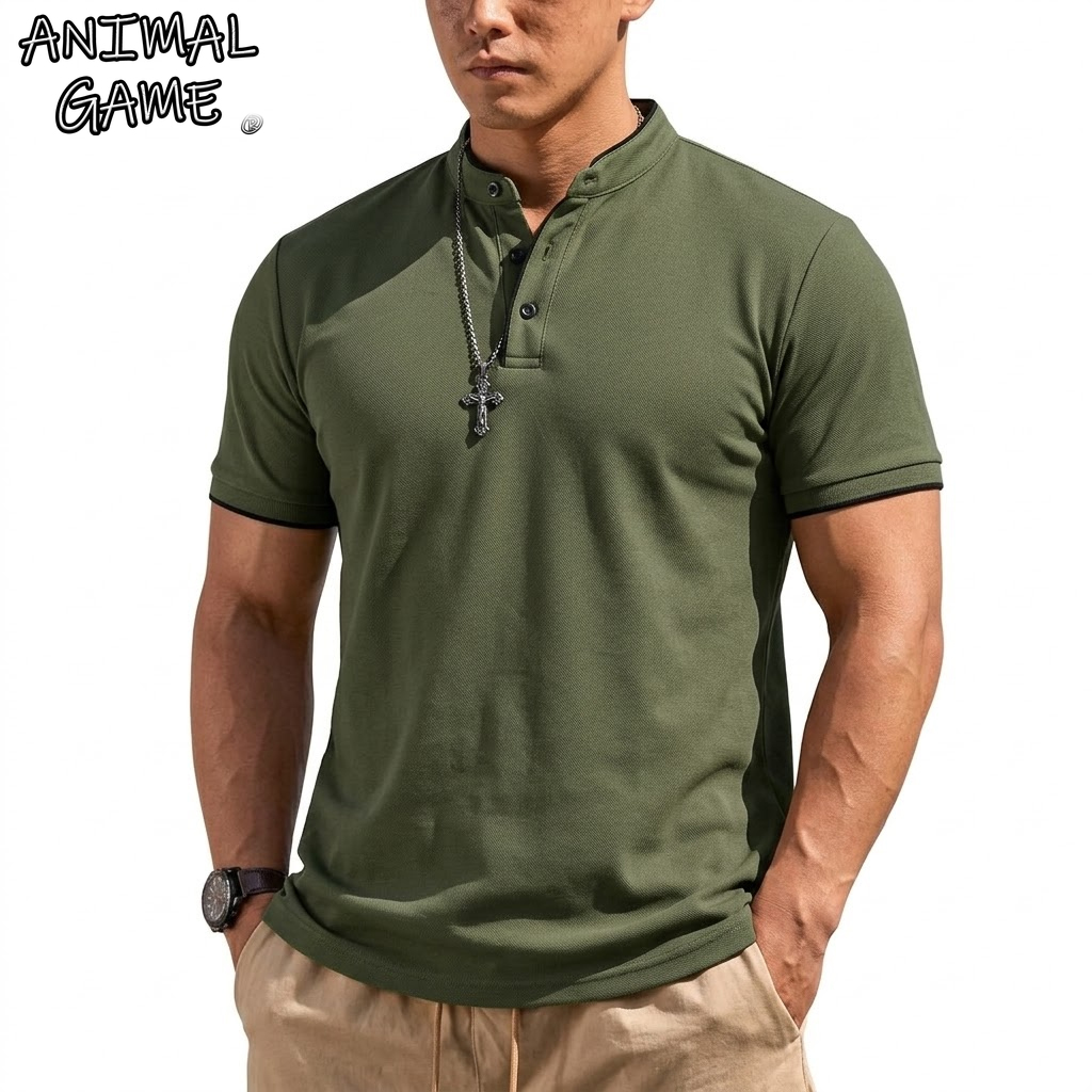 夏半袖ヘンリーシャツ男性ボタンポロシャツクラシック襟なし T - Men'S Fashion Polo のレビューと価格